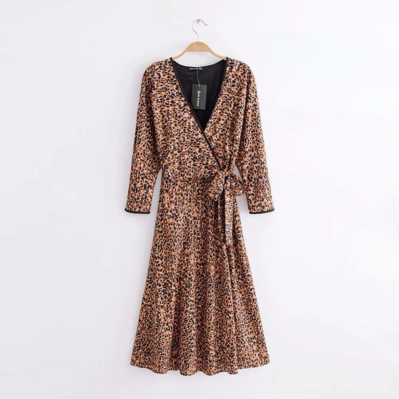 

2018 New Fashion Leopard Print Women Long Dress Vintage V-Neck Outwear With Bow Sexy Long Sleeve Dresses vestidos de fiesta