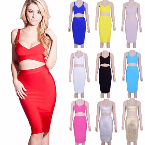 High-Waist-Knee-Length-2-Piece-Sexy-Women-2014-HL-Bandage-Dress-Celebrity-Dresses-Black-Red