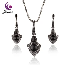 JENIA Nuevo Sistema de La Joyería Negro Ágata Plata Tailandesa Marcasita Anclas Diseño de Aretes y Collar Sets XS165