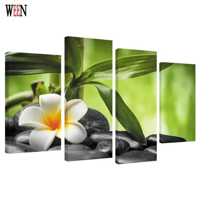 WEEN HD Lotus Bamboo Printed Framed 4pcs Canvas Art Flower Wall ...