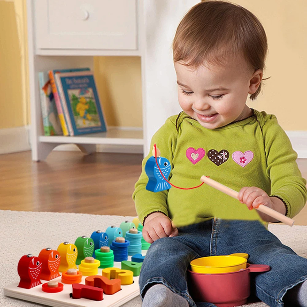 Детские деревянные магнитные игрушки для рыбалки Ранние развивающие детские маленькие рыбки номер пончик цвет номер игрушки подарок обучающая игрушка