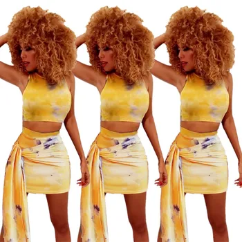 

2019 Fashion Women Tank Lace Up Sexy Two Piece Set Sleeveless O Neck Belt Bandage Crop Top And Mini Skirts