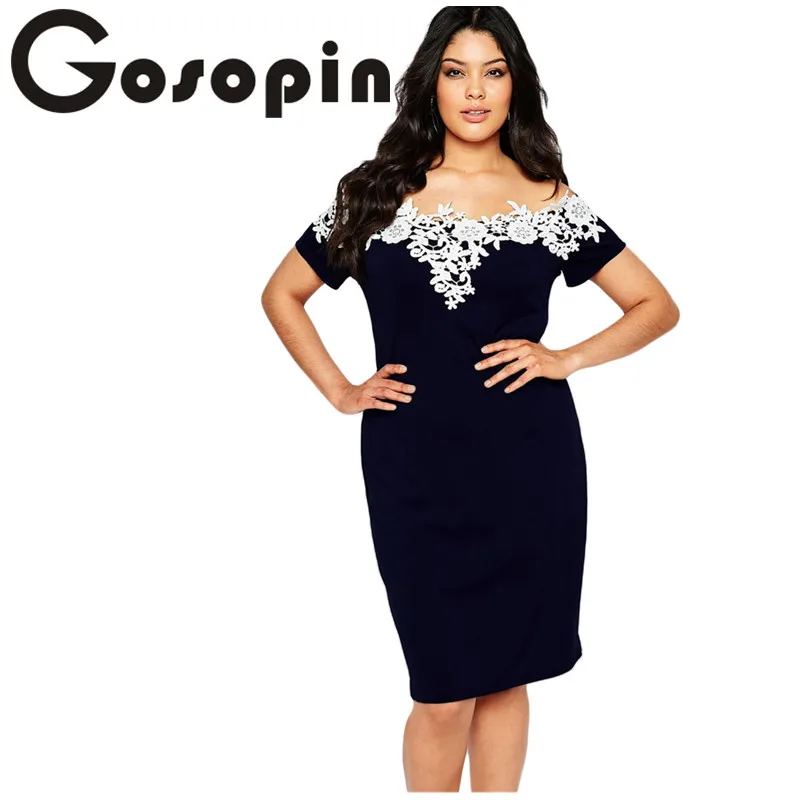 

Gosopin Elegant Ladies Sexy Short Sleeve Lace Crochet Off Shoulder Black Plus Size Pencil Dress Party Vestidos robe LC61083