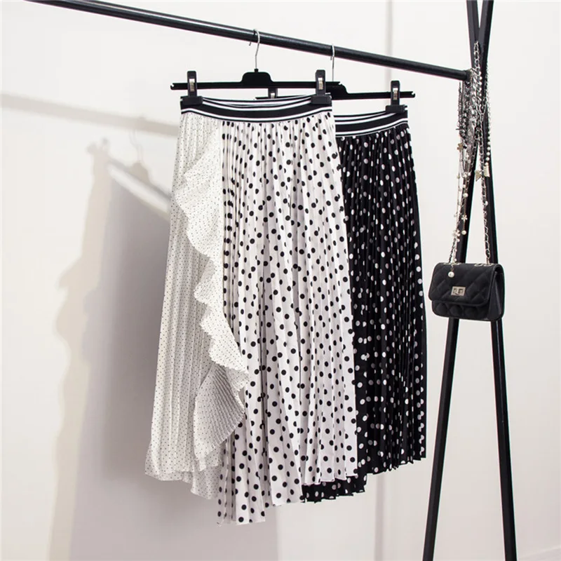 Summer Skirts Womens Fashion Black White Polka Dot Patchwork Pleated ...