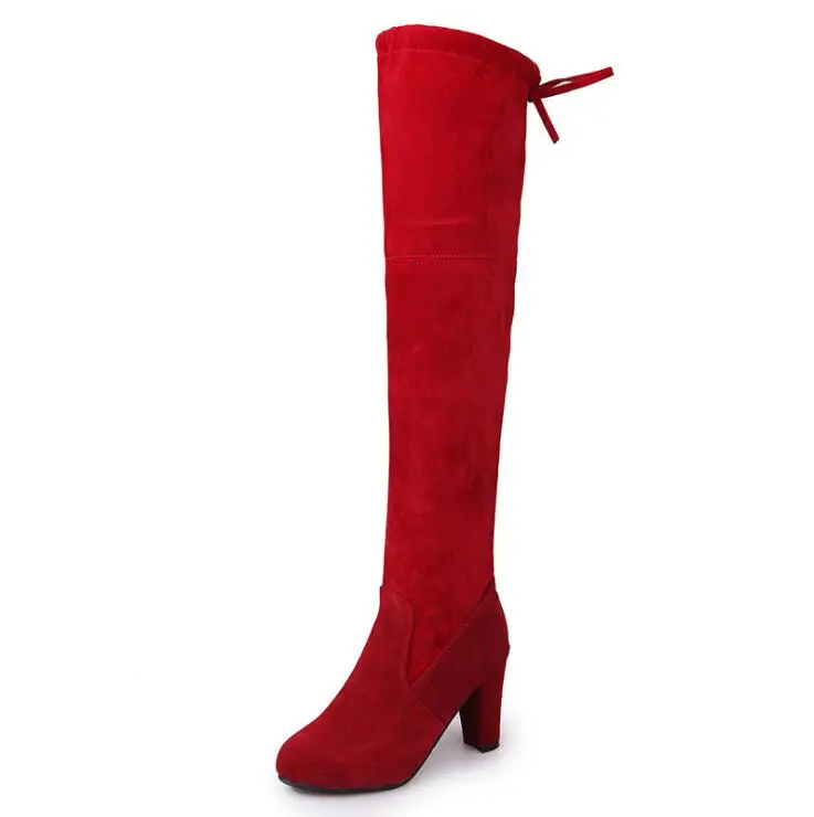 SLHJC сапоги на высоком каблуке 8 см; высокие сапоги-лодочки выше колена; женская чулочная обувь с острым носком на квадратном каблуке; большие размеры - Цвет: Красный