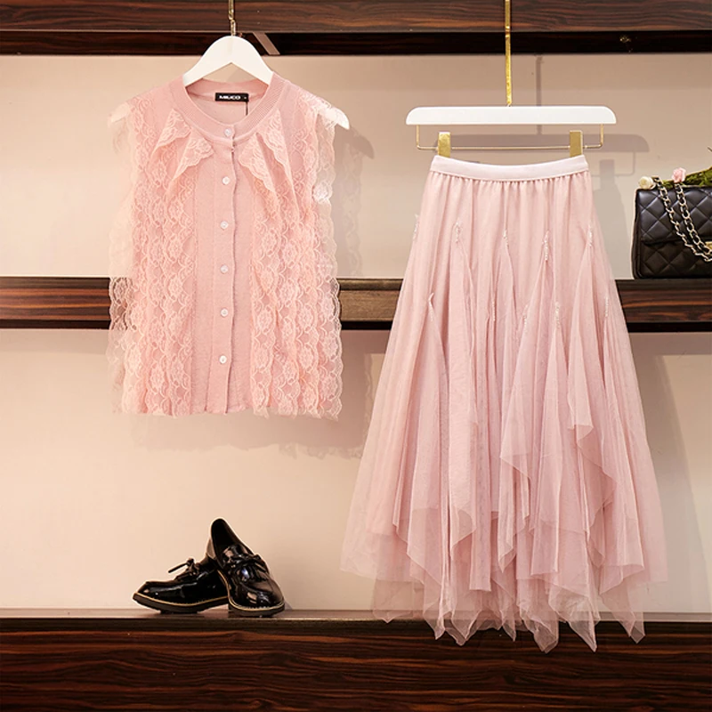 

SHTONGHUA High Quality Summer Skirt Suits Fashion Women Pink Knitted Patchwork Ruffles Lace Tops + Irregula Beading Mesh Suits