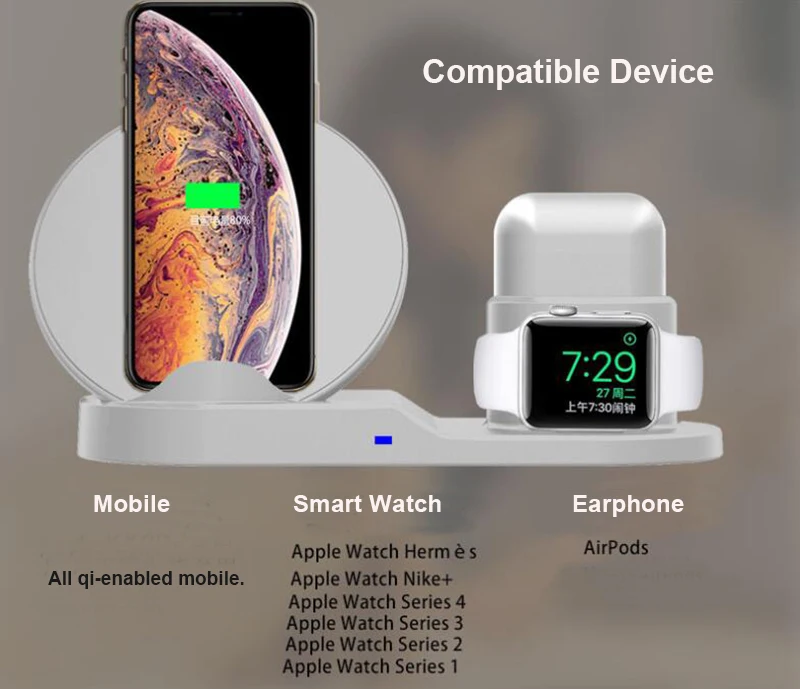 3 в 1 Быстрое беспроводное зарядное устройство для Apple Watch iWatch 1 2 3 4 5 Airpods QI Беспроводное зарядное устройство док-станция для iPhone 11 Pro XR XS MAX