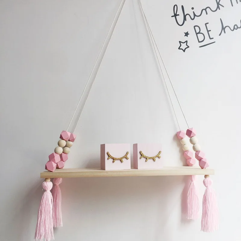 Kid Swing Storage Organizer Wood Wall Shelf Rope Girl Beads Shelves Decor Baby