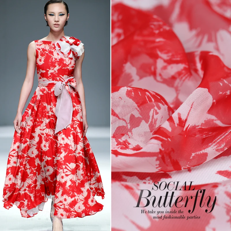 

2017 limited hot sale summer fashion Mulberry silk natural chiffon print fabric for dress tissu au meter bright cloth DIY