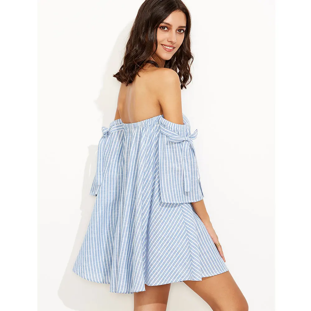 Off The Shoulder Slash Neck Shirt Dress Casual Flare Sleeve Striped