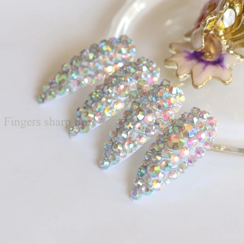 New Extra long pointed oval fake nails slim art salon nail crystal diamond nail Vampire color