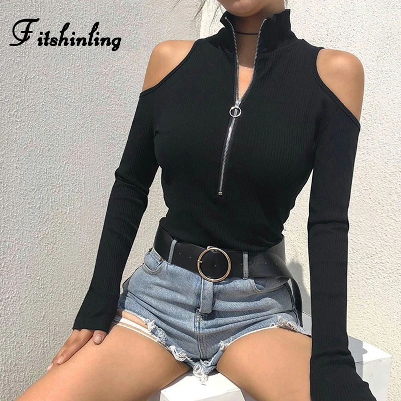 

Fitshinling Zip up turtleneck bodysuit women with open shoulder autumn body femme jumpsuits black long sleeve bodysuits sexy hot
