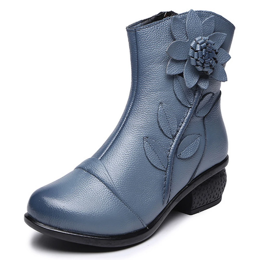 

Cowhide Leather Women's Boots Mother Folk Style Winter ankle boots Feminino Shoes Vintage Women Genuine Leather Boots Retro W002