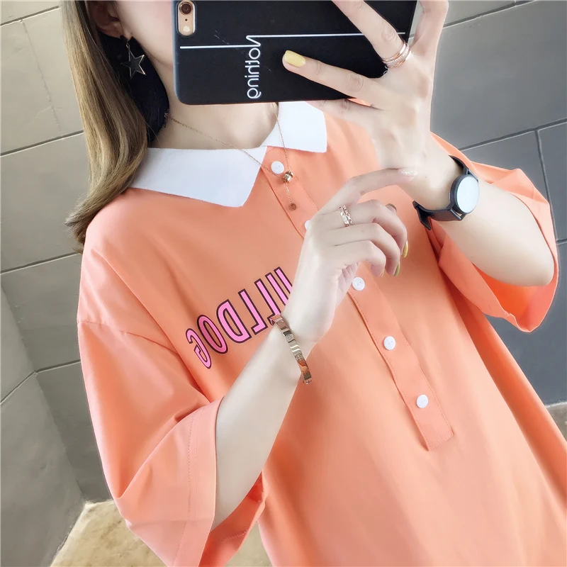 

Korean version of INS leisure Harajuku cartoon cute letter printing lapel POLO long short-sleeved T-shirt skirt