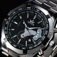 2016 Nueva Marca SEWOR Esqueleto Mecánico Reloj de Los Hombres de Lujo de Acero Inoxidable Relojes de Los Hombres Del Ejército Fresco Caja Del Reloj Relogio masculino