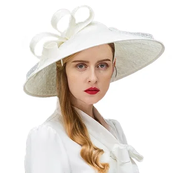 

FS 100% Natural Linen Church Hat Noble Large Big Brim Kentucky Derby Hats White Elegant Gauze Patchwork Formal Sinamy Sombreros