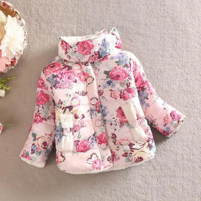 Зимняя куртка для маленьких девочек теплая куртка на хлопчатобумажной подкладке с длинными рукавами и цветочным принтом детская верхняя одежда для девочек - Цвет: Pink