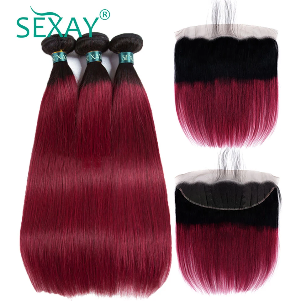 

Burgundy Bundles With Frontals SEXAY Red Wine Ombre Human Hair Bundles With Lace Frontal Closures Non Remy Ombre Brazilian Hair