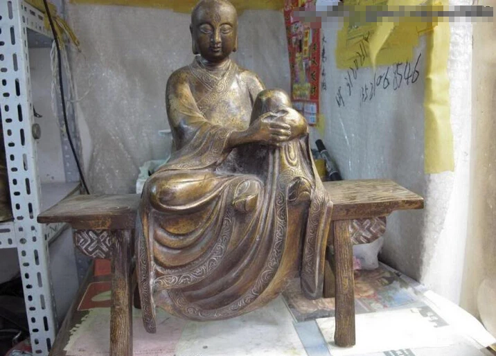 

Collectible bronze lion statue S0558 15 Chinese Temple Old Copper Bronze Sit stool arhat Buddhist monk Buddha Statue
