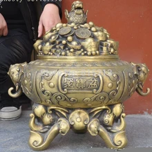 Bi001302 1" Китайский латунь Богатство Монета Слонов Зверь повезло статуя курильница Курильница