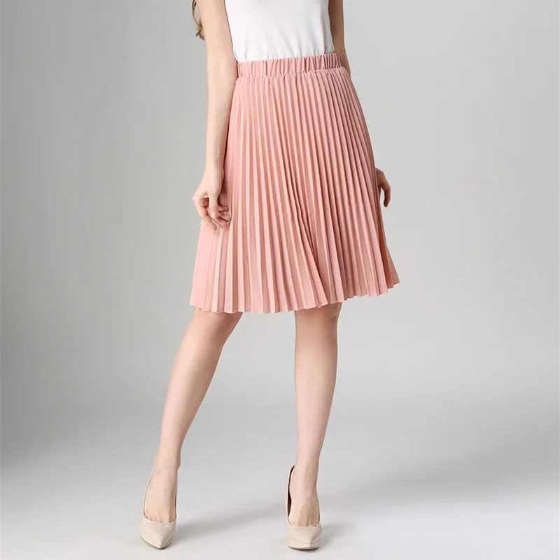 High Waist Pleated Skirt Women Solid Color Chiffon Vintage Knee Length Elastic Waist Skirt Spring Autumn Fashion Pink Skirts High Waist Pleated Skirt Women Solid Color Chiffon Vintage Knee Length Elastic Waist Skirt Spring Autumn Fashion Pink Skirts
