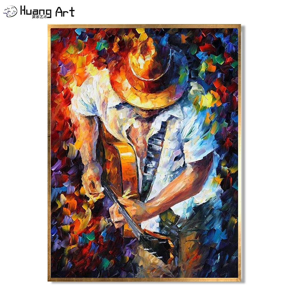 

Top Selling Hand Painted Handsome CowBoy Man Playing Guitar Oil Painting On Canvas Man With Guitar Paintings For Wall Decor