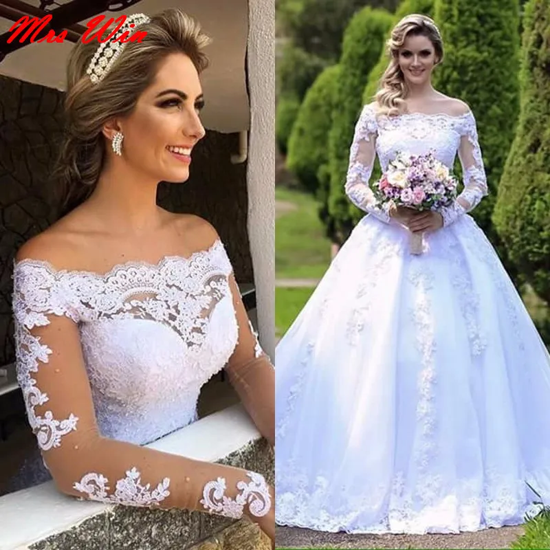 

Vintage Long Sleeve Muslim Wedding Dress Plus Size 2019 See Through Arab Wedding Gowns Lace vestidos de noiva de luxo 2019