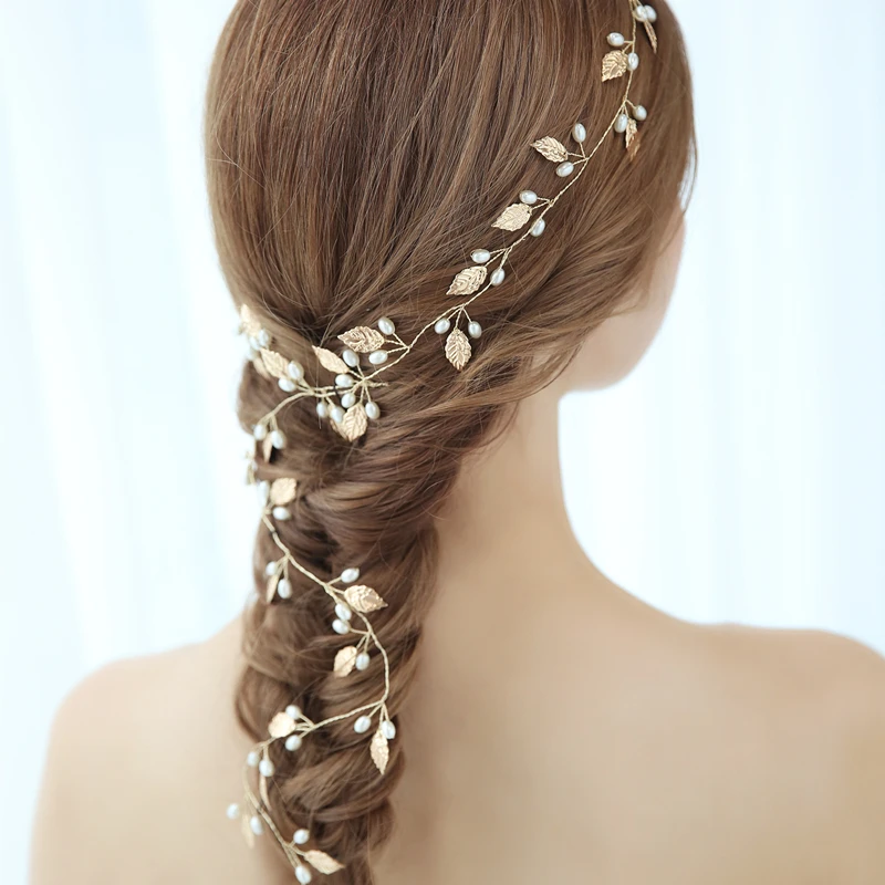 Jonnafe Gold Leaf Bridal Long Hair Vine Wedding Headband