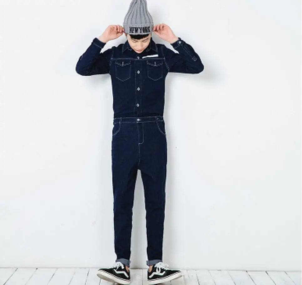 2016 New male denim long sleeve jumpsuit casual trousers tooling one