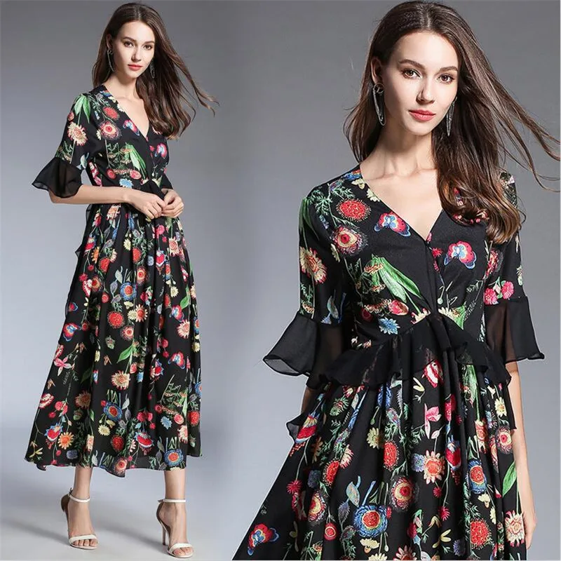 2019 Summer Prairie Chic Women Dress Loose Flower Print Half Flare ...