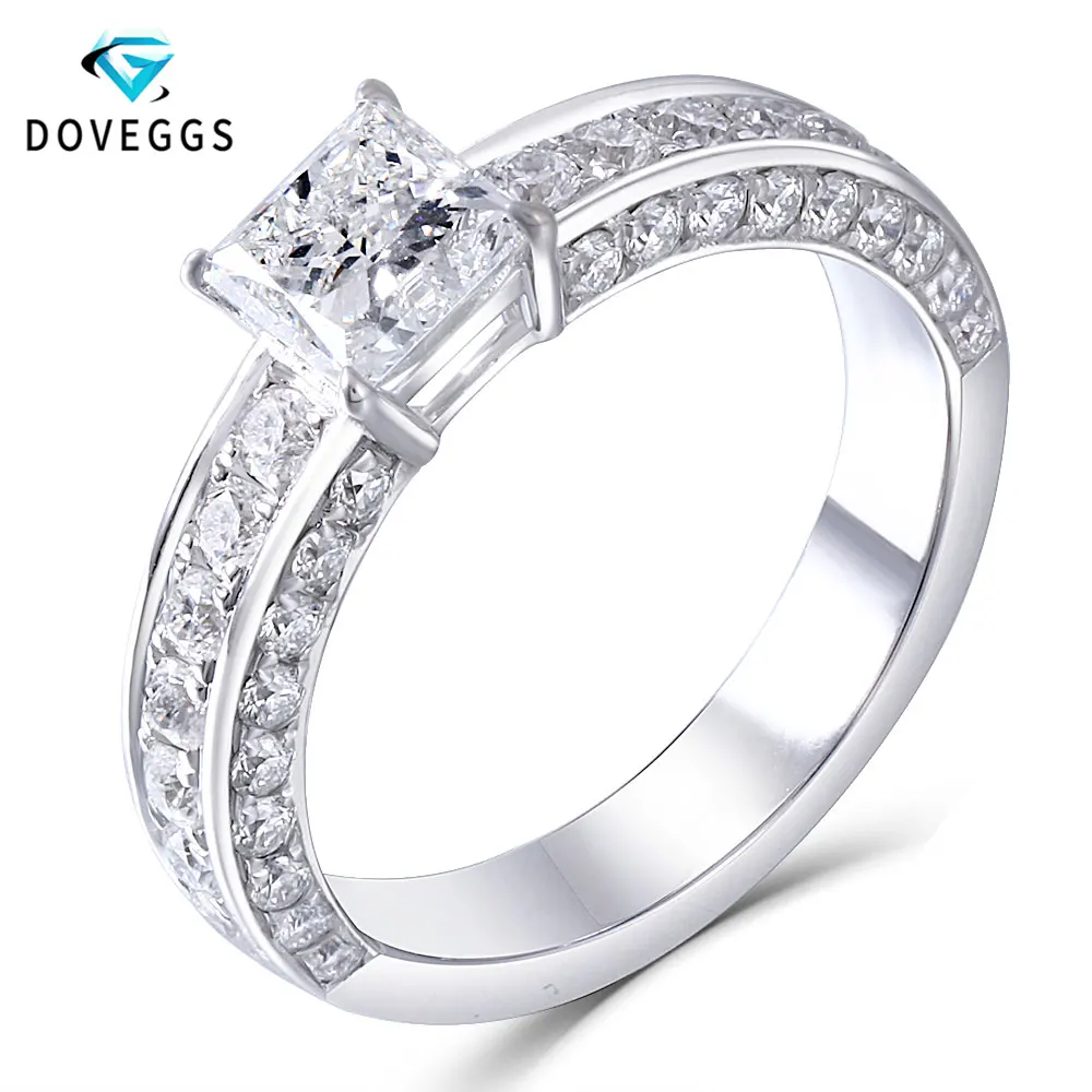 

DovEggs Solid 14k White Gold 5.5mm Princess Cut F Color Moissanite Engagement Ring with Accent Delicate Wedding Band for Women