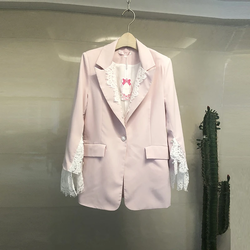 

HAMALIEL High Quality Women Blazer 2019 Spring Summer Pink Patchwork Lace Turn Down Collar Coats Fashion Split Sleeve Jackets