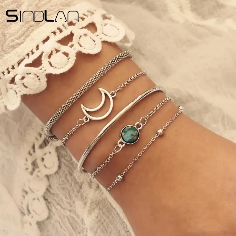 

Sindlan 5PCs Hollow Moon Charm Bracelet Silver Link Chain Bangles Metal Wrist Bands Ethnic Bracelets for Women European Style