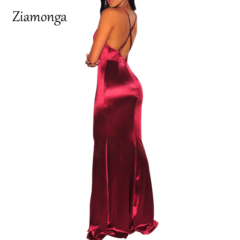 Ziamonga классический v-образным вырезом сексуальный разрез атласное платье Спагетти ремень Длинный Шелковый дамы Вечери