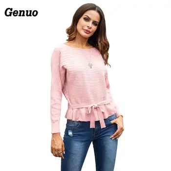 

Genuo Women Autumn Casual Sweater Tops Bandage Long Sleeve Solid Shirt Pullover Lady Loose Elegant Knitwear Sweaters femininas