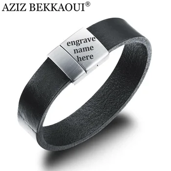 

Man Leather 16MM Wide Bracelet Stainless Steel Black Genuine Leather Bracelet & Bangle DIY Letter Name Jewelry Homens Bracelet