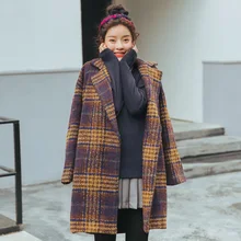 New British style plaid coat fashion high quality woolen casua outwear turn collar Jacket yellow trench girls elegance clothing
