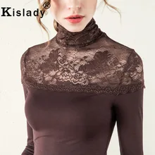 Kislady Осенняя Женская высококачественная черная рубашка больших размеров с цветочным кружевом в стиле пэчворк, гибкие топы, элегантные облегающие рубашки с высоким воротом