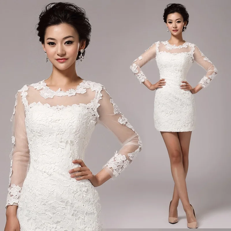 White Lace Flowers Long Sleeve Sheath Formal Short Tail Party White Lace Long Sleeve Sheath Mini Bride Gown