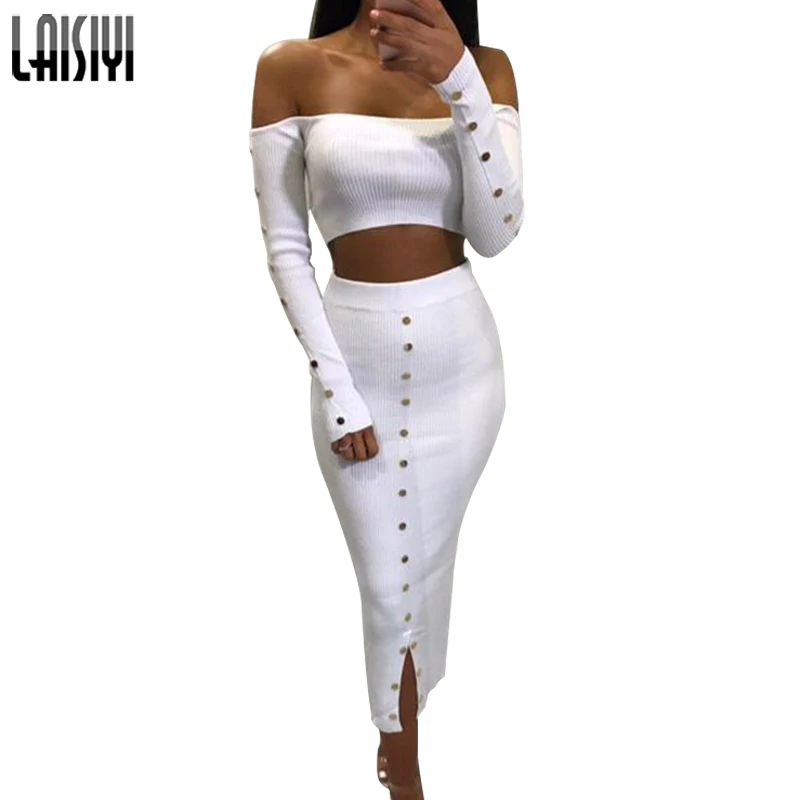 

LAISIYI Womens Two Piece Sets 2019 Long Sleeve Off Shoulder Crop Top Sexy Bodycon Pencil Skirt White Elegant Tracksuit ASSU20108