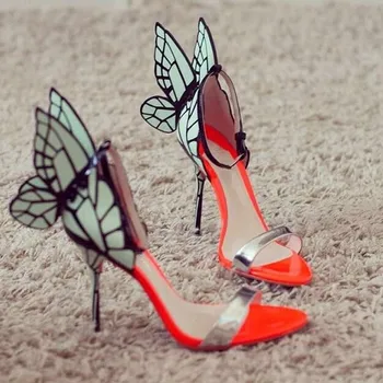 

Hot Orange Patent Leather Women Open Toe Sandals Mixed Color Butterfly Wing Back Ladies Sexy High Heels Ankle Buckle Stilettos