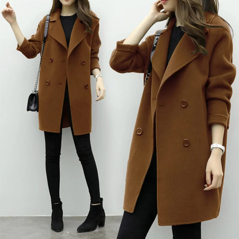 2019 New Thin Wool Blend Coat Women Long Sleeve Turn down Collar ...