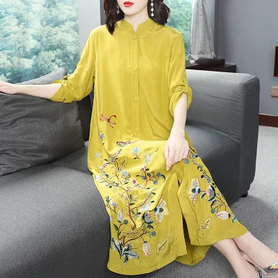 Высокое качество Брендовое китайское платье летнее платье плюс размер женское Цветочная вышивка 3/4 рукав винтажное длинное платье-рубашка Желтый - Цвет: yellow