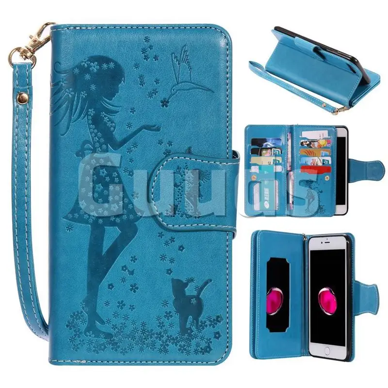 Embossing Cat Girl 9 Card Leather Wallet Case for iPhone 8 Plus / 7 Plus 7P(5.5 inch) - Blue
