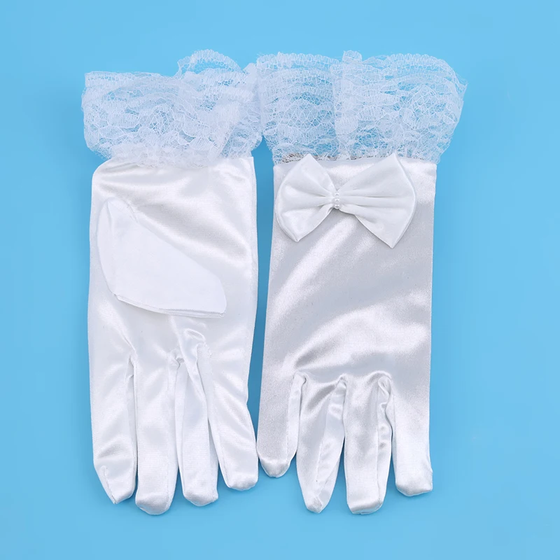 Модные белые женские вечерние Цветочные перчатки для стрельбы из лука Короткие атласные кружевные перчатки с бантом для девочек Eldiven