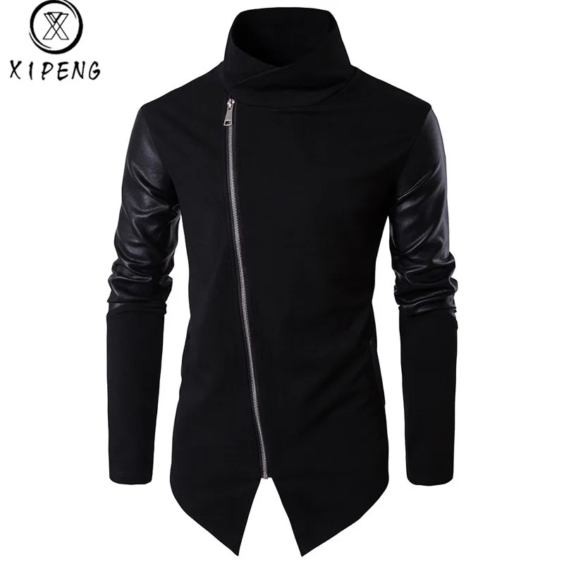 

Turtleneck Sweatshirt Men 2018 Autumn Hoodie Men's Sweatshirts Fashion Obique Zipper Coat Jacket Knitting+PU Patchwork Hoodies