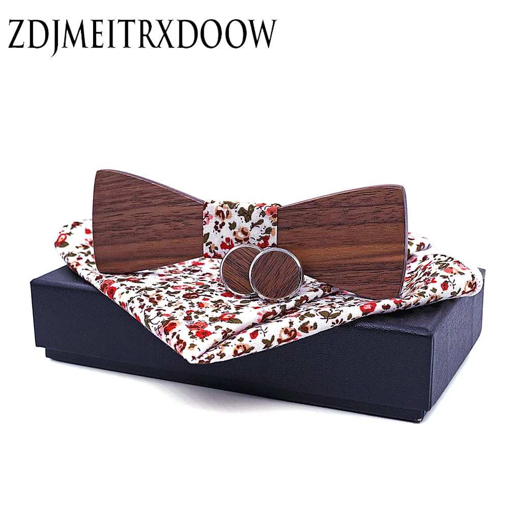  ZDJMEITRXDOOW Classic Wood Bowtie+Handkerchief+Cufflinks Sets for Mens Suit Wooden Bow Tie Printing