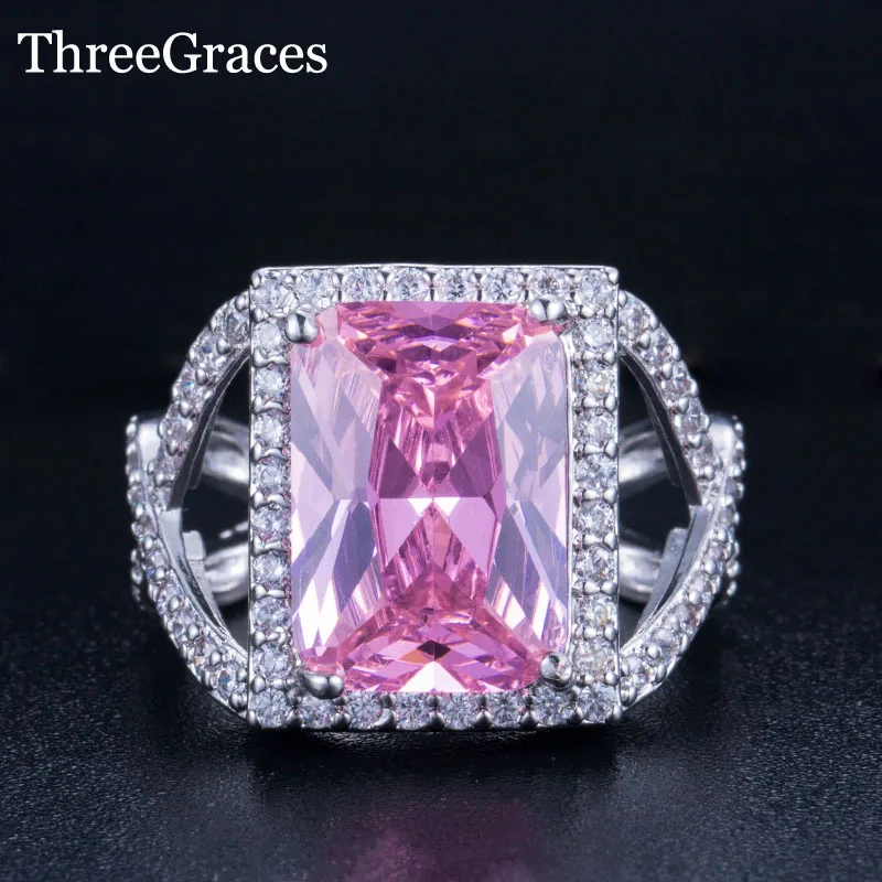 

ThreeGraces Famous Brand Noble Silver Color Square Cut Cubic Zirconia Pink Stone Big Finger Rings for Women Accessories RG071