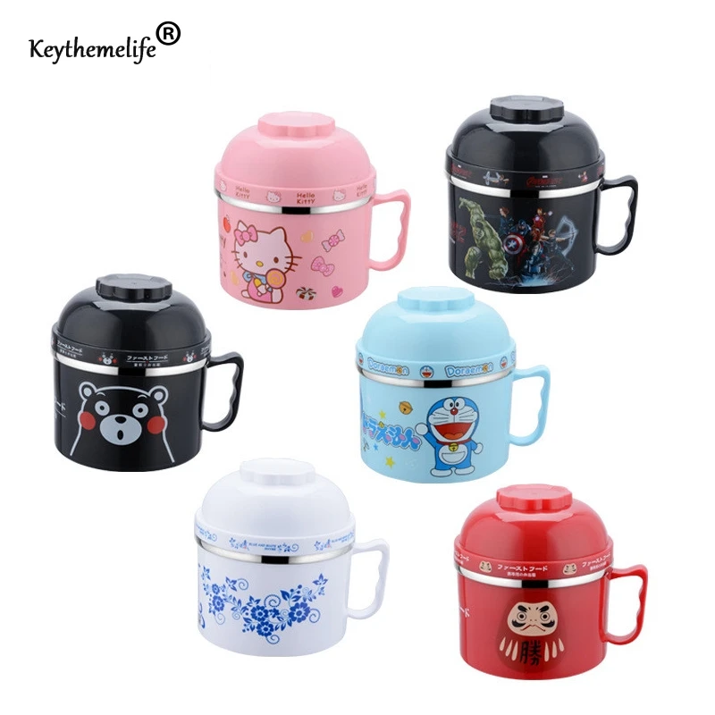 

Cartoon Lunch Boxes Japanese Lunchbox Stainless Steel Bowl Double-layer Insulation Instant Noodles Bowl With Lid HHY1