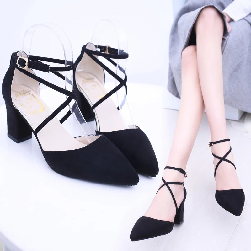 

2018 new Korean version of high-heeled high-heeled pointed thick with suede single shoes cross straps Roman women's shoes